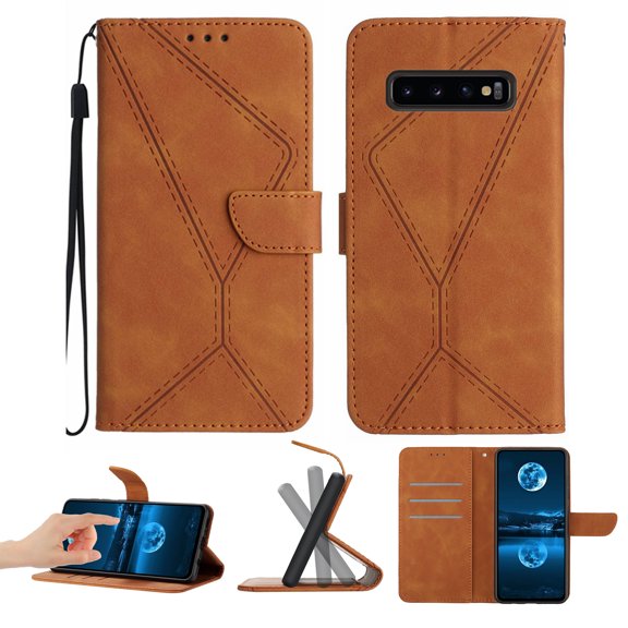 Wallet Case For Samsung S10 Plus, RFID Blocking Magnetic Flip Case with Card Slots Holder Kickstand Wrist Strap, PU Leather Folio Shockproof Protective Cover For Samsung Galaxy S10 Plus, Brown