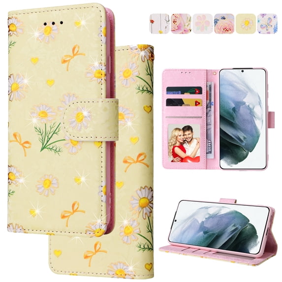 Wallet Case for Samsung S20 FE with RFID Blocking Credit Card Slots Holder, Cute Patterned Gold Brushing Magnetic Flip Kickstand Wrist Strap Cover for Samsung Galaxy S20 FE, Yellow Daisy