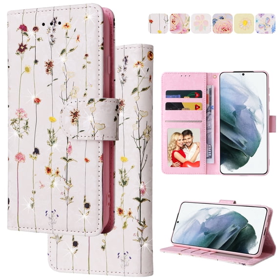 Wallet Case for Samsung S20 FE with RFID Blocking Credit Card Slots Holder, Cute Patterned Gold Brushing Magnetic Flip Kickstand Wrist Strap Cover for Samsung Galaxy S20 FE, Dry Flower World