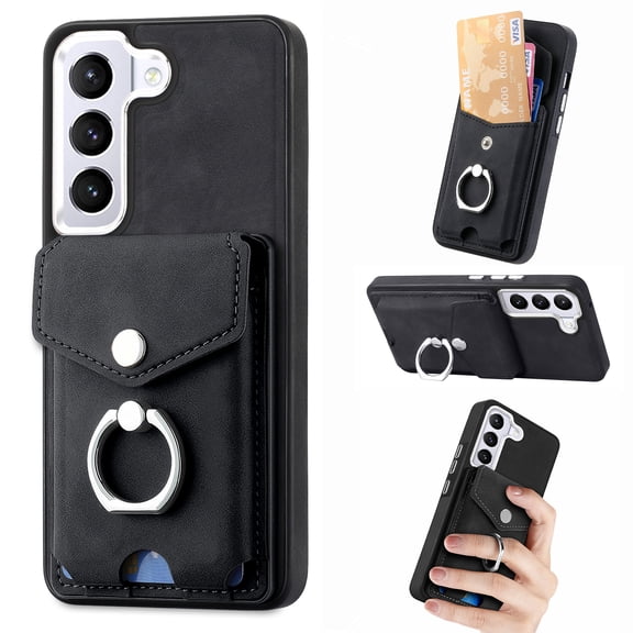 Wallet Case for Samsung S21 FE, Premium Leather Case with Card Holder, 360°Rotation Ring Kickstand, RFID Blocking Protective Magnetic Back Clsoure Case for Samsung Galaxy S21 FE, Black