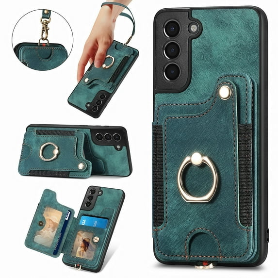 Wallet Case for Samsung S21 Plus,360 Ring Holder Stand with Card Holder Premium Retro Leather Shockproof RFID Blocking Magnetic Clasp Hand Strap for Women Men for Samsung Galaxy S21 Plus,Green