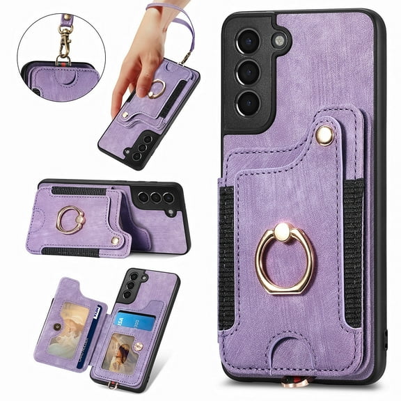 Wallet Case for Samsung S21 Plus,Ring Holder Kickstand Retro Premium Leather Credit Card Holder [ RFID Blocking ] Case with Wrist Strap Back Magnetic Clasp Flip for Samsung Galaxy S21 Plus,Purple