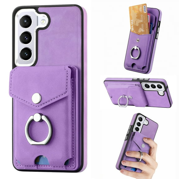 Wallet Case for Samsung S21, Premium Leather Case with Card Holder, 360°Rotation Ring Kickstand, RFID Blocking Protective Magnetic Back Clsoure Case for Samsung Galaxy S21, Purple