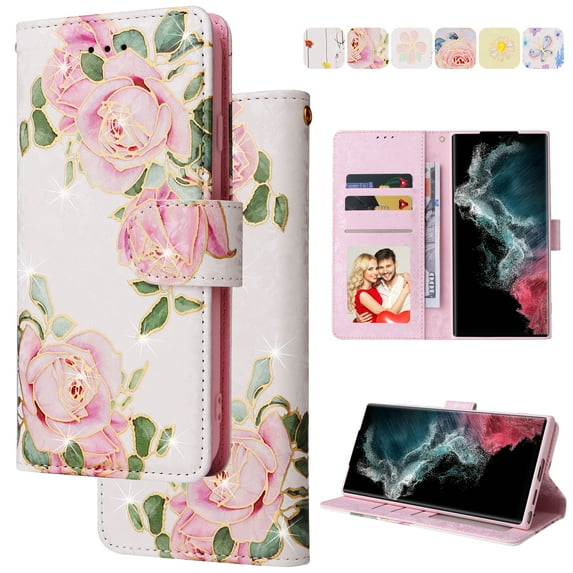 Wallet Case for Samsung S21 Ultra with RFID Blocking Credit Card Slots Holder, Cute Patterned Gold Brushing Magnetic Flip Kickstand Wrist Strap Cover for Samsung Galaxy S21 Ultra, Love Rose