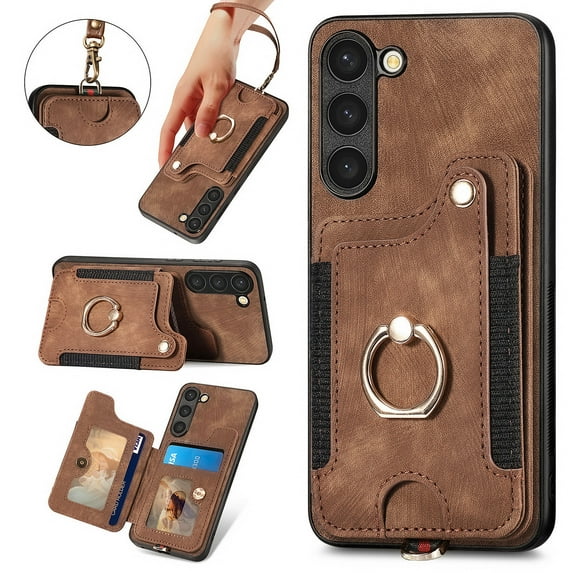 Wallet Case for Samsung S22, 360 Ring Holder Stand with Card Holder Premium Retro Leather Shockproof RFID Blocking Magnetic Clasp Hand Strap for Women Men for Samsung Galaxy S22, Brown