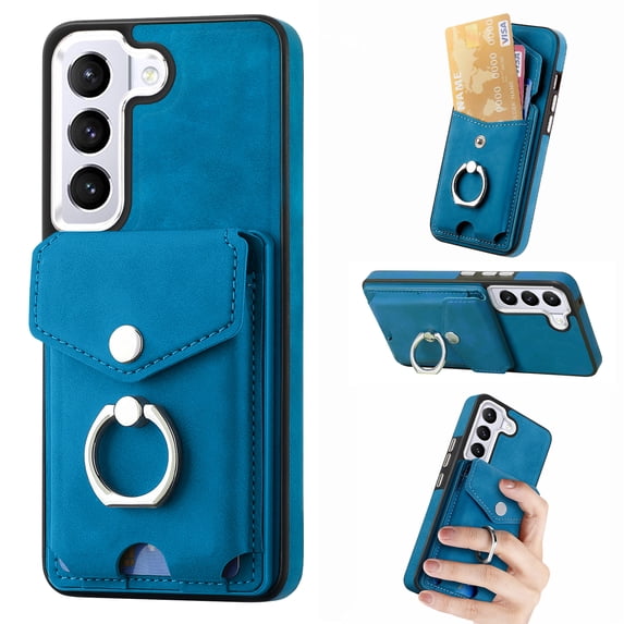 Wallet Case for Samsung S22, Premium Leather Case with Card Holder, 360°Rotation Ring Kickstand, RFID Blocking Protective Magnetic Back Clsoure Case for Samsung Galaxy S22, Blue