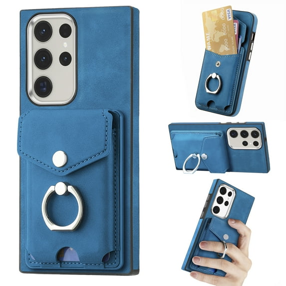 Wallet Case for Samsung S22 Ultra, Premium Leather Case with Card Holder, 360°Rotation Ring Kickstand, RFID Blocking Protective Magnetic Back Clsoure Case for Samsung Galaxy S22 Ultra, Blue