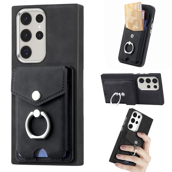 Wallet Case for Samsung S22 Ultra, Premium Leather Case with Card Holder, 360°Rotation Ring Kickstand, RFID Blocking Protective Magnetic Back Clsoure Case for Samsung Galaxy S22 Ultra, Black