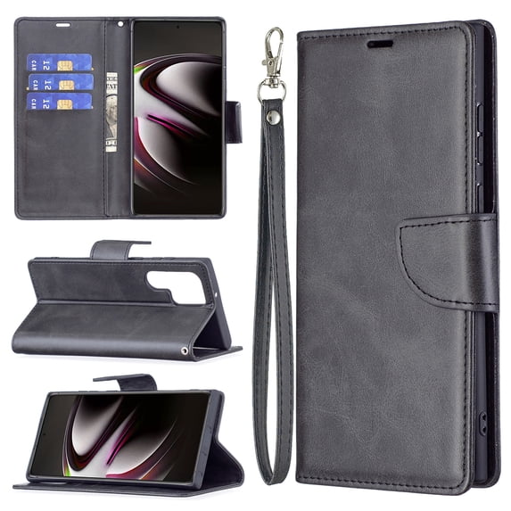 Wallet Case for Samsung S22 Ultra, Retro Solid Color Premium Leather Credit Card Holder Wallet RFID Blocking Case with Wrist Strap Stand Magnetic Flip Cover for Samsung Galaxy S22 Ultra, black