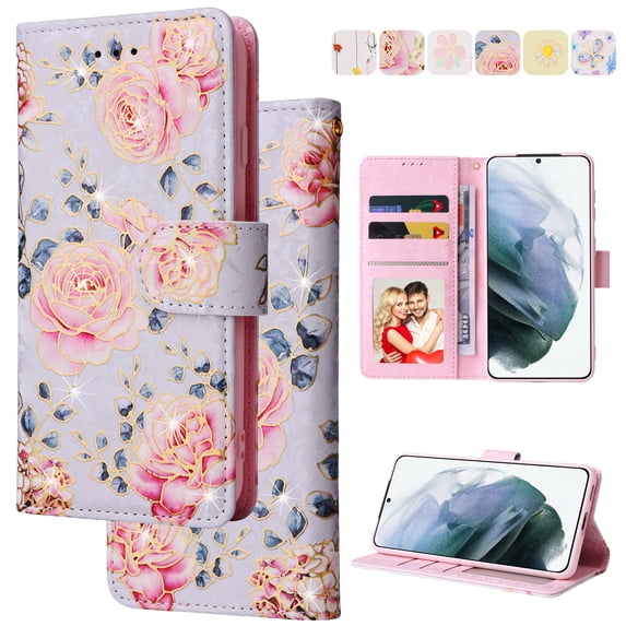 Wallet Case for Samsung S23 FE with RFID Blocking Credit Card Slots Holder, Cute Patterned Gold Brushing Magnetic Flip Kickstand Wrist Strap Cover for Samsung Galaxy S23 FE, Rural Rose