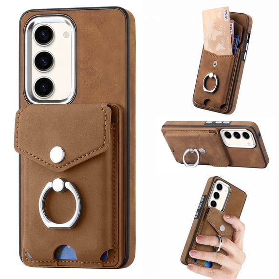 Wallet Case for Samsung S23 Plus,Premium Leather Case with Card Holder, 360°Rotation Ring Kickstand, RFID Blocking Protective Magnetic Back Clsoure Case for Samsung Galaxy S23 Plus,Brown