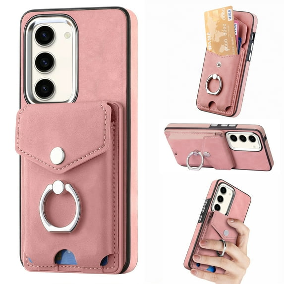Wallet Case for Samsung S23, Premium Leather Case with Card Holder, 360°Rotation Ring Kickstand, RFID Blocking Protective Magnetic Back Clsoure Case for Samsung Galaxy S23, Pink