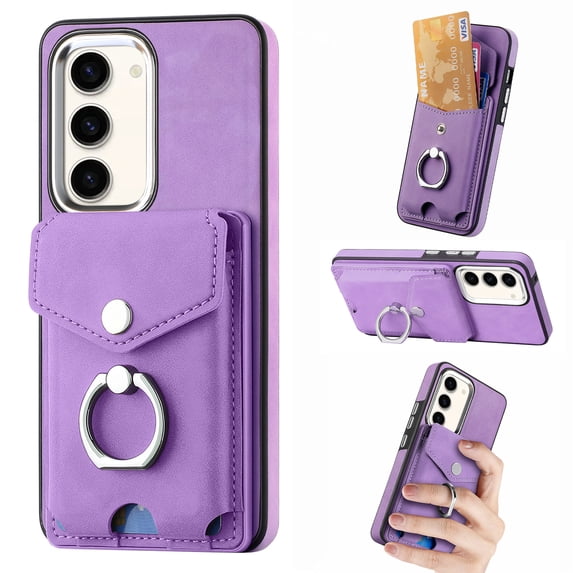 Wallet Case for Samsung S23, Premium Leather Case with Card Holder, 360°Rotation Ring Kickstand, RFID Blocking Protective Magnetic Back Clsoure Case for Samsung Galaxy S23, Purple