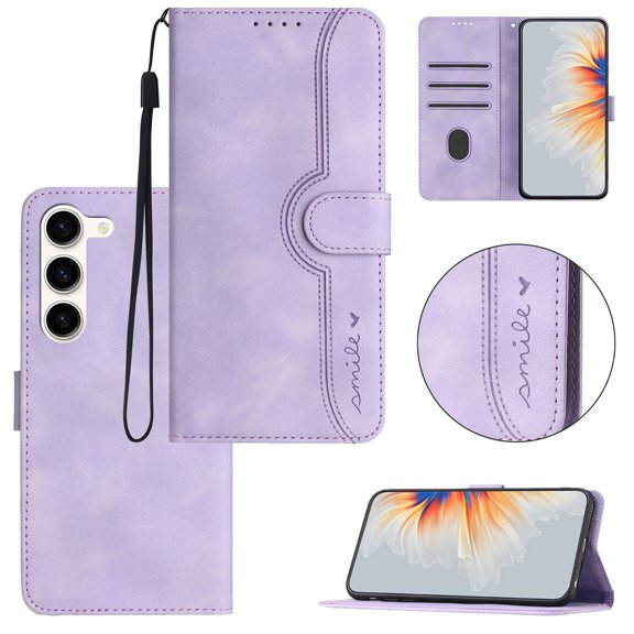 Wallet Case for Samsung S23, Smile Design Premium Leather Credit Card Holder Wallet RFID Blocking Case with Wrist Strap Stand Magnetic Flip Cover for Samsung Galaxy S23, Purple