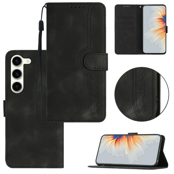Wallet Case for Samsung S23, Smile Design Premium Leather Credit Card Holder Wallet RFID Blocking Case with Wrist Strap Stand Magnetic Flip Cover for Samsung Galaxy S23, Black