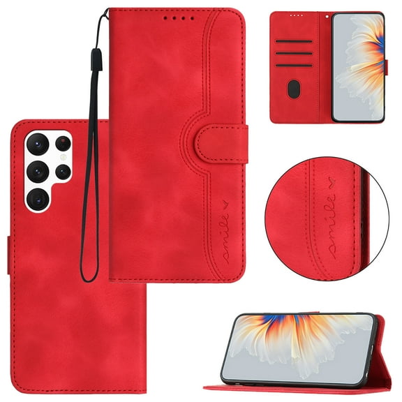 Wallet Case for Samsung S23 Ultra, with Card Slots [RFID Blocking],Durable Flip Folio Kickstand Magnetic Closure Leather Wallet Wrist Strap Women Men Case for Samsung Galaxy S23 Ultra, Red