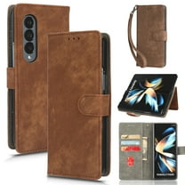 Wallet Case for Samsung Z Fold 3,with RFID Blocking Credit Card Holder, with Wrist Strap PU Leather Magnetic Folio Kickstand Shockproof Women Men Phone case for Samsung Galaxy Z Fold 3, brown