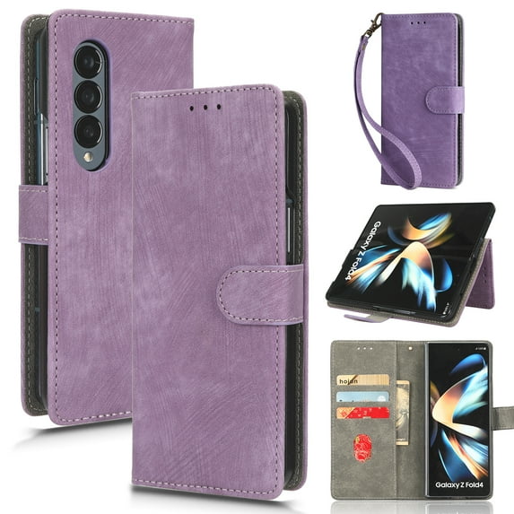 Wallet Case for Samsung Z Fold 3,with RFID Blocking Credit Card Holder, with Wrist Strap PU Leather Magnetic Folio Kickstand Shockproof Women Men Phone case for Samsung Galaxy Z Fold 3, Purple
