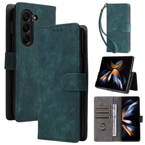 Wallet Case for Samsung Z Fold 5,with RFID Blocking Credit Card Holder, with Wrist Strap PU Leather Magnetic Folio Kickstand Shockproof Women Men Phone case for Samsung Galaxy Z Fold 5, Green