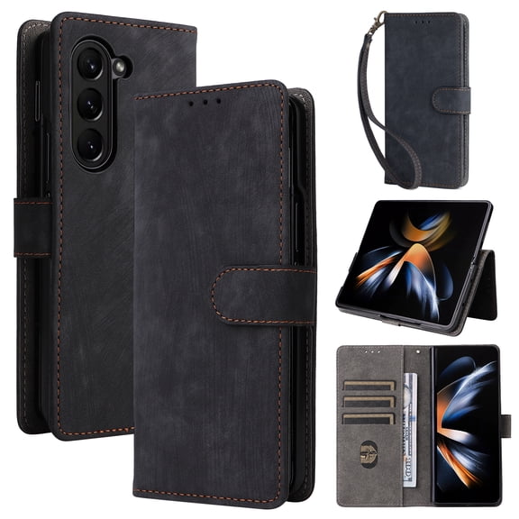 Wallet Case for Samsung Z Fold 5,with RFID Blocking Credit Card Holder, with Wrist Strap PU Leather Magnetic Folio Kickstand Shockproof Women Men Phone case for Samsung Galaxy Z Fold 5, Black