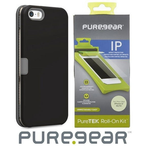 Wallet Case with Screen Protector for iPhone 5/5S/5c SE, PureGear Black Folio Card Slot Cover Stand + PureTek Roll-On Screen Guard for Apple iPhone 5/5s/SE 2016