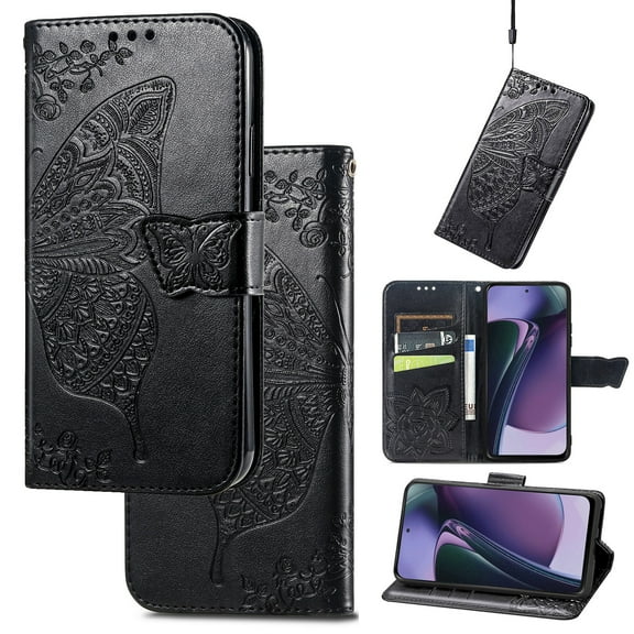 Wallet Case for T-Mobile REVVL 6 5G, Butterfly Embossed PU Leather Magnetic Closure Kickstand Card Slots with Wrist Strap for Girls Women for T-Mobile REVVL 6 5G, Black