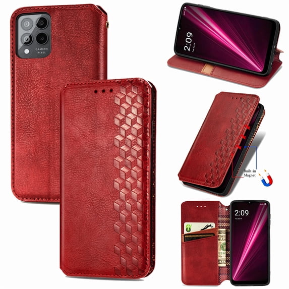 Wallet Case for T-Mobile REVVL 6 5G, Magnetic Faux PU Leather Kickstand Flip Cover with Card Holder Slots Shockproof TPU Shell Embossed Pattern Folio Case for T-Mobile REVVL 6 5G, Red
