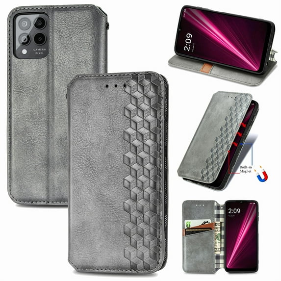Wallet Case for T-Mobile REVVL 6 Pro 5G, Magnetic Faux PU Leather Kickstand Flip Cover with Card Holder Slots Shockproof TPU Shell Embossed Pattern Folio Case for T-Mobile REVVL 6 Pro 5G, Gray
