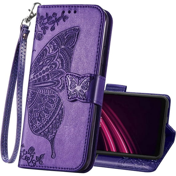 Wallet Case for T-Mobile Revvl 6 Pro 5G,PU Leather Wallet Flip Protective Phone Case Wrist Strap Card Slots Holder Pocket Emboss Butterfly Flower Stand Case for T-Mobile Revvl 6 Pro 5G Purple
