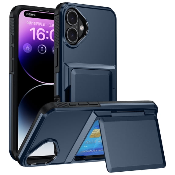 Wallet Case for Women Men - Flip Case Credit Card Holder Hybrid Cover, Double Layer Shockproof Heavy Duty Protection All-Round Armor Drop Protective Phone Case for iPhone 16, Blue