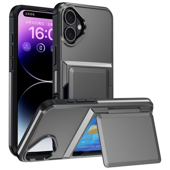 Wallet Case for Women Men - Flip Case Credit Card Holder Hybrid Cover, Double Layer Shockproof Heavy Duty Protection All-Round Armor Drop Protective Phone Case for iPhone 16, Gray