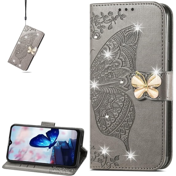 Wallet Case for Xiaomi 12, 3D Butterfly Flower PU Leather with Credit Card Slots Holder Magnetic Closure Folio Phone Cover for Xiaomi 12s/12X/12 Rhinestone Grey