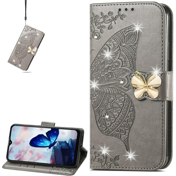 Wallet Case for Xiaomi Redmi 10A, 3D Butterfly Flower PU Leather with Credit Card Slots Holder Magnetic Closure Folio Phone Cover for Xiaomi Redmi 10A Rhinestone Grey