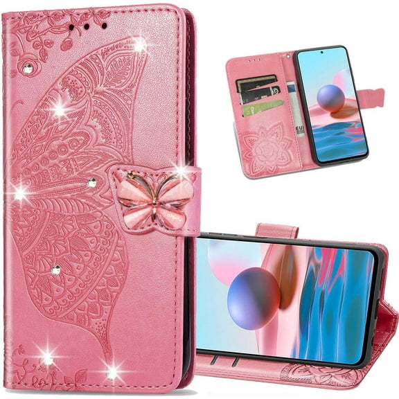 Wallet Case for Xiaomi Redmi Note 10 4G(Not 5G) with 3D Butterfly Embossing Slim Flip PU Leather Case Magnetic Closure Credit Card Slots Holder Cover for Redmi Note 10S HZD Rhinestone Pink