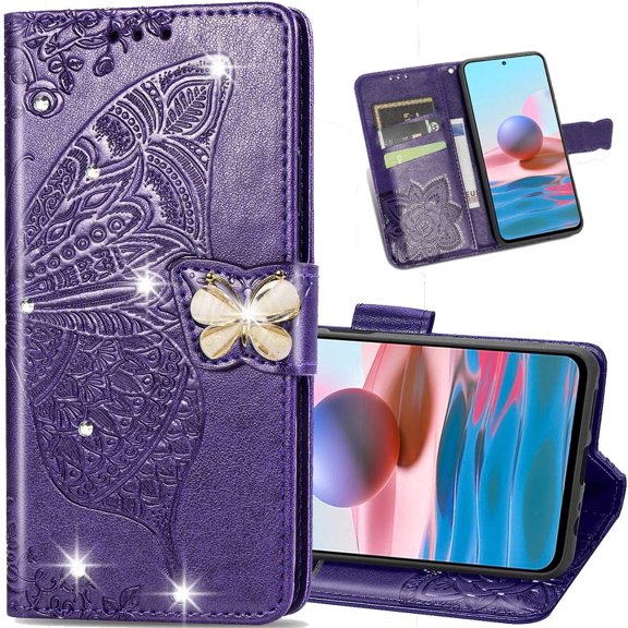 Wallet Case for Xiaomi Redmi Note 10 4G(Not 5G) with 3D Butterfly Embossing Slim Flip PU Leather Magnetic Closure Credit Card Slots Holder Cover for Redmi Note 10S HZD Rhinestone De Purple