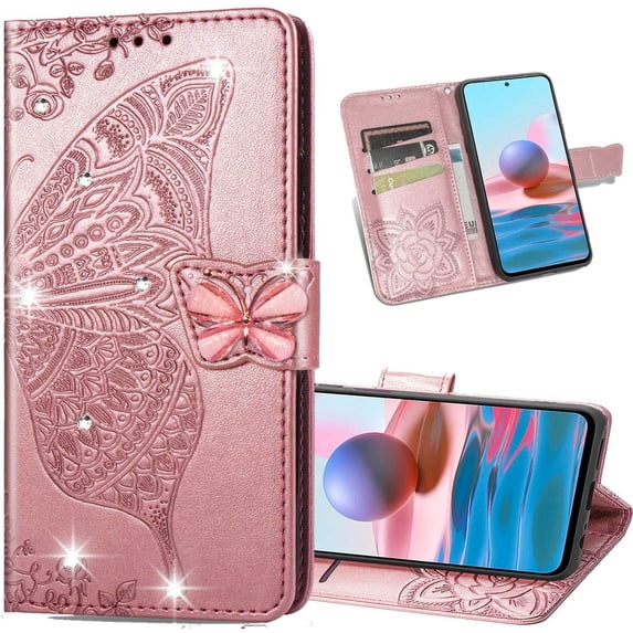 Wallet Case for Xiaomi Redmi Note 10 4G(Not 5G) with 3D Butterfly Embossing Slim Flip PU Leather Magnetic Closure Credit Card Slots Holder Cover for Redmi Note 10S HZD Rhinestone Rose Gold