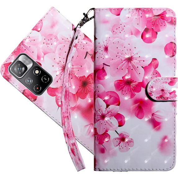 Wallet Case for Xiaomi Redmi Note 11 4G, PU Leather Cute Flip Cover with Card Holder & Kickstand Phone Case for Xiaomi Redmi Note 11 4G/Redmi Note 11S 4G Cherry Blossoms