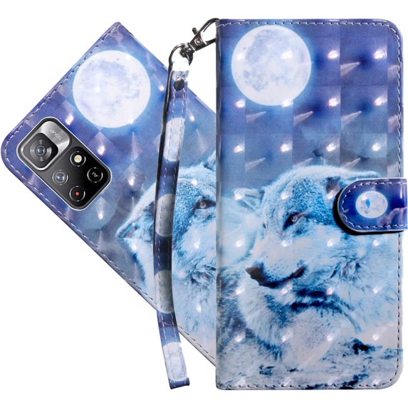 Wallet Case for Xiaomi Redmi Note 11 4G, PU Leather Cute Flip Cover with Card Holder & Kickstand Phone Case for Xiaomi Redmi Note 11 4G/Redmi Note 11S 4G Wolf Under Moon
