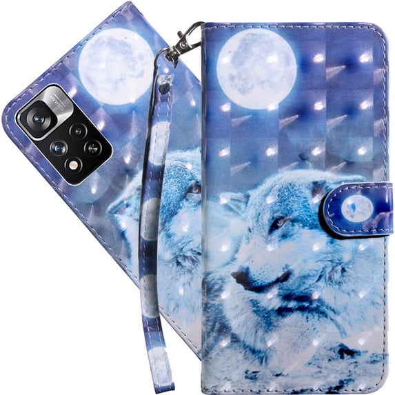 Wallet Case for Xiaomi Redmi Note 11 Pro, Colorful Painted Premium PU Leather Cute Flip Cover with Card Holder & Kickstand Phone Case for Xiaomi Redmi Note 11 Pro Wolf Under Moon
