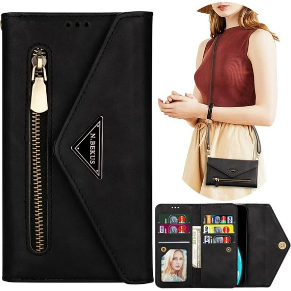 Wallet Case for Xiaomi Redmi Note 11 Pro for Women, Shoulder Crossbody Purse Handbag Neck Strap Lanyard Cover with ID Card Holder Phone Case for Xiaomi Redmi Note 11 Pro XK Black