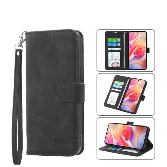 Wallet Case for Xiaomi Redmi Note 14 4G Flip Phone Case with Card Slots, Cash Pocket, Kickstand, Magnetic Closure & Wrist Strap, TPU Soft Shell Cover Black