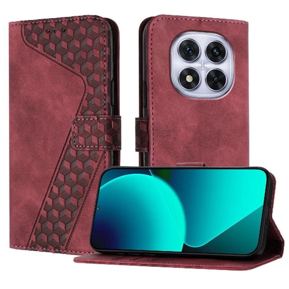 Wallet Case for Xiaomi Redmi Note 14 Pro Plus with Card Holder, Cash Pocket, Kickstand, Magnetic Clasp & Wrist Strap, Geometric Texture Folio Cover Brown