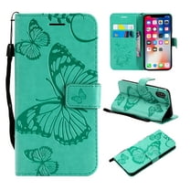 Wallet Case for Apple iPhone XR, Flip Kickstand Emboss Butterfly PU Leather Protective Phone Cover with Wrist Strap & Card Slots, Green