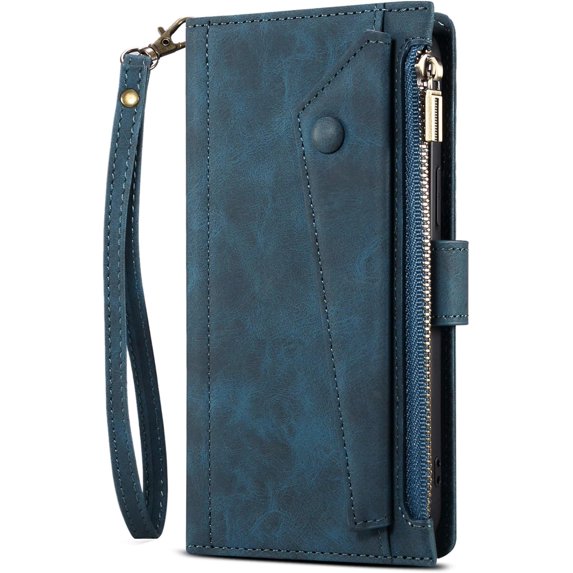 Wallet Case for Galaxy S25 Plus with RFID Blocking Card Holder, PU Leather Magnetic Flip Zipper Phone Cover - Blue