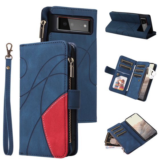 Wallet Case for Google Pixel 6 , PU Leather 9 Card Slots with 1 Zipper Storage Bag Shockproof Cover for Google Pixel 6