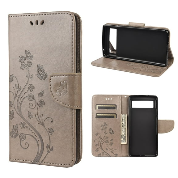 Wallet Case for Google Pixel 6, Slim Flip Kickstand Magnetic Closure Embossed Butterfly Floral PU Leather Cover with Card Slots - Gray
