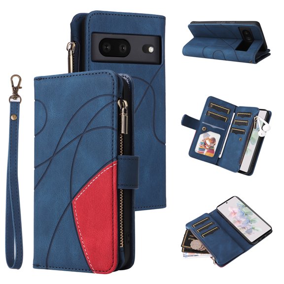 Wallet Case for Google Pixel 7, PU Leather 9 Card Slots with 1 Zipper Storage Bag Shockproof Cover for Google Pixel 7