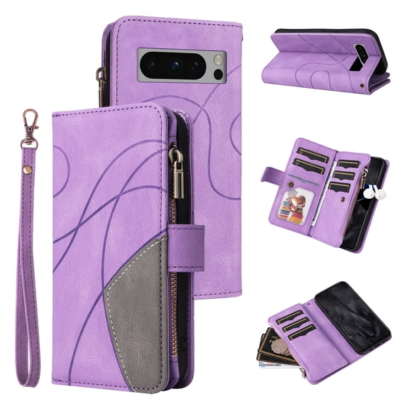 Wallet Case for Google Pixel 8 Pro, PU Leather Zipper Storage Bag Kickstand Shockproof Flip Cover for Google Pixel 8 Pro