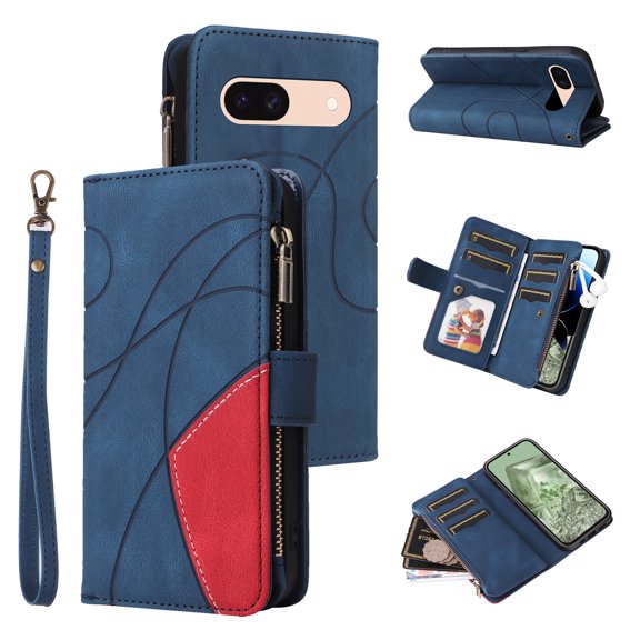 Wallet Case for Google Pixel 8A, PU Leather 9 Card Slots with 1 Zipper Storage Bag Shockproof Cover for Google Pixel 8A