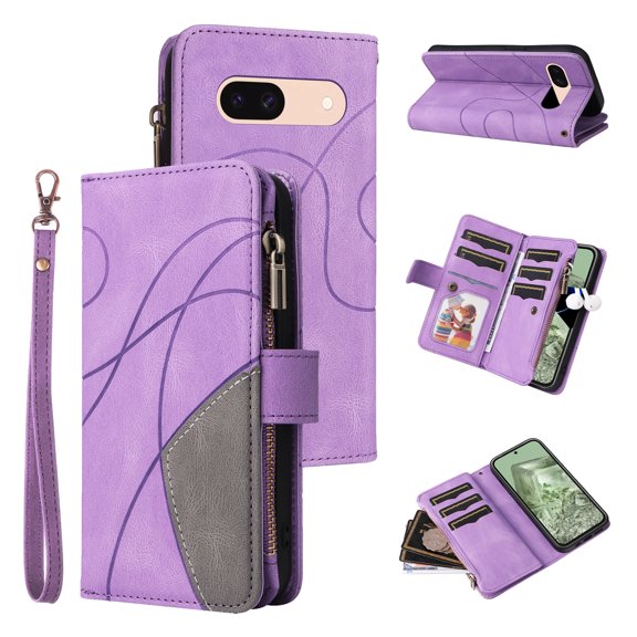 Wallet Case for Google Pixel 8A, PU Leather Zipper Storage Bag Kickstand Shockproof Flip Cover for Google Pixel 8A